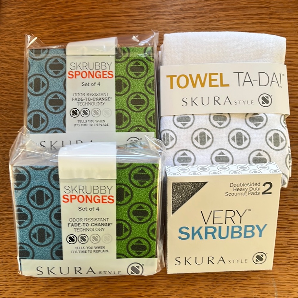 Two sets of 4 Skrubby Sponges, 2 Towels, 2 Scouring Pads